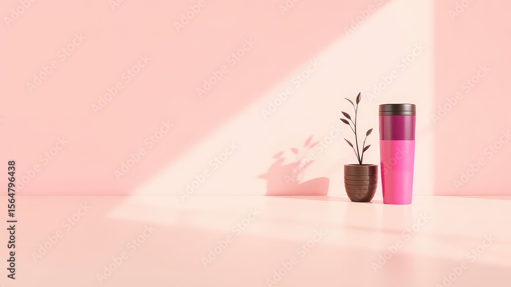 Poster light and shadow create a tranquil scene with a plant and drink container on a pink surface