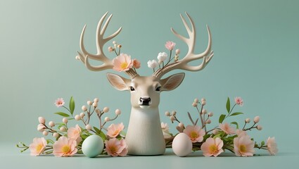 Elegant Spring Deer Head with Pastel Flowers and Easter Eggs