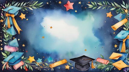 Elegant watercolor border with graduation caps, diplomas, and laurel branches. Perfect for invitations, announcements, and certificates. Isolated design with blank center for easy customization