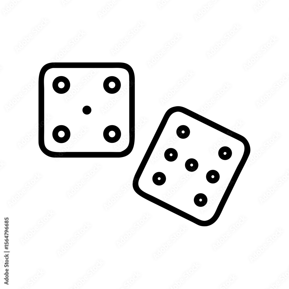 Poster illustration of two dice with different numbers of dots showing on each die in a simple outline styl
