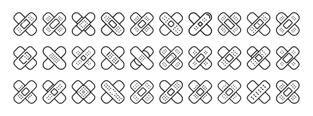 Bandage, medical patch, adhesive plaster, wound care and first aid minimal thin line web icon set. Outline icons collection. Simple vector illustration.