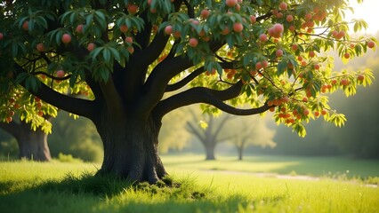 "Solitary Realistic Peach Tree with Sparse Orange Fruits and Broad Branches in Sunlit Orchard &ndash; Ultra HD 16K Nature Wallpaper"