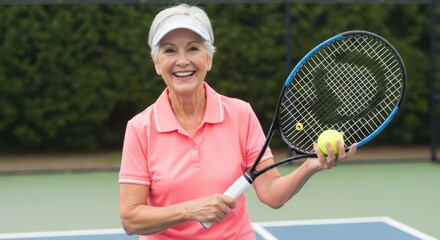 Smiling Senior Woman Plays Tennis On Outdoor Court