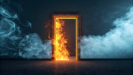 A fiery doorway engulfed in flames stands in a dark room filled with ethereal blue smoke