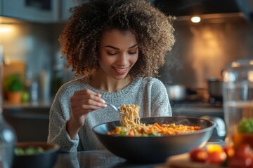 Young woman eating instant noodles at home, enjoying a quick and comforting meal, Generative AI