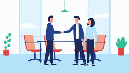 Two businessmen shaking hands in a modern office with a woman standing beside them in a meeting room