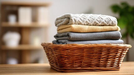 Obraz premium A laundry basket filled with freshly folded clothes, placed in a cozy laundry room