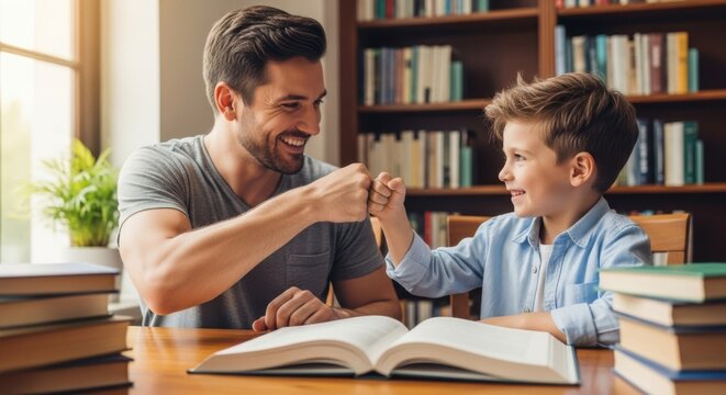 Father and son share a fist bump over a book in a library