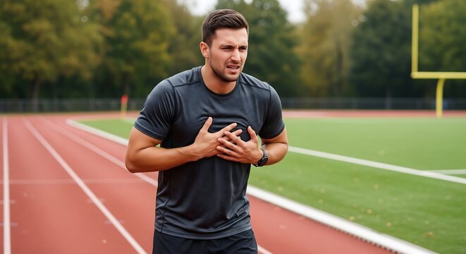 Exhausted athlete experiencing chest pain while exercising on a running track outdoors - Powered by Adobe