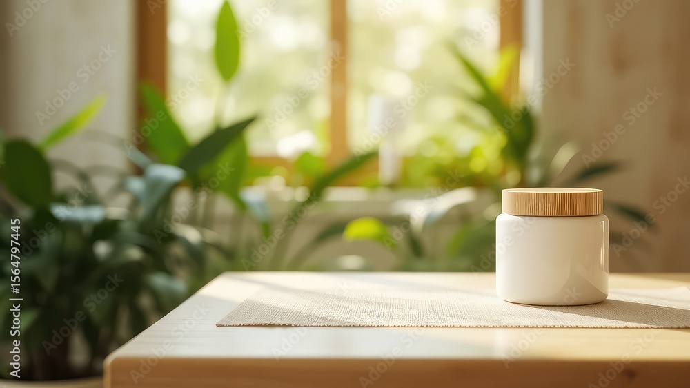 Poster minimalist setting featuring product container and abundant leafy plants bringing the outdoors in cr