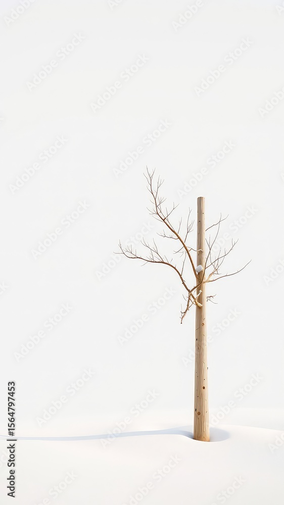 Poster a minimalist winter scene featuring a single tree stump with leafless branches on a white background