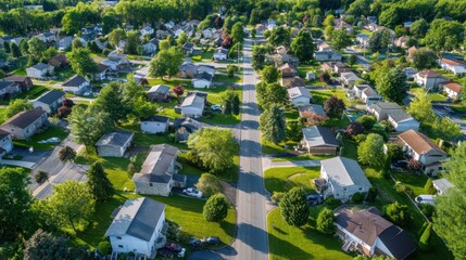Aerial view of suburban neighborhood with rooftops, roads, and green lawns, peaceful and structured