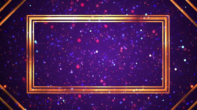 Gold shiny glittering metallic rectangle frame with magical particle trail 4K bg. Luxrious royal looking elegant award show, music fashion show backdrop. Glorious decorative minimalistic title opener.