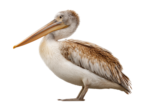 A regal pelican, showcasing its distinctive beak and textured plumage, stands in a classic pose, displaying the beauty of avifauna. isolated on a white background
