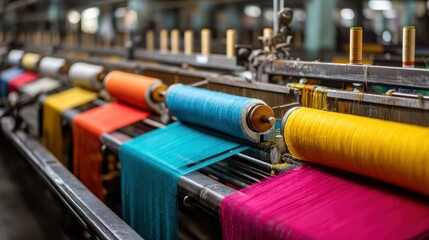 Automated looms weaving vibrant fabrics in textile factory, detailed manufacturing process