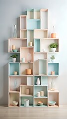A wallmounted shelving unit with pastelcolored boxes and containers, showcasing various home decor items and plants