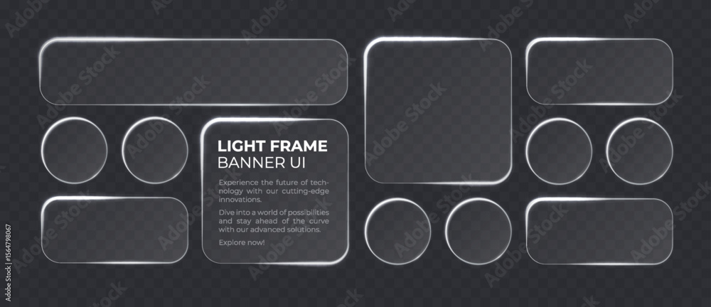 Fototapete liquid glass smartphone interface isolated. white ui light frame square and circle banner with shine