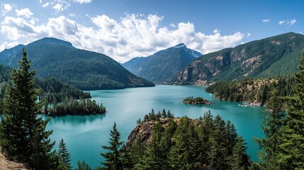 Obraz premium A turquoise blue lake surrounded by greenery, mountains, and forests that from a bird's-eye view, captures in daylight with natural light, creating a beautiful landscape.