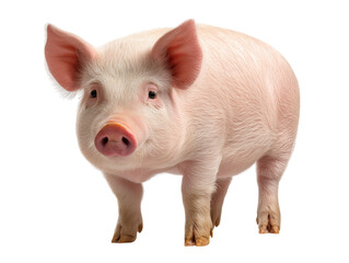 A delightful, healthy piglet standing, its pink skin and expressive eyes. isolated on a white background