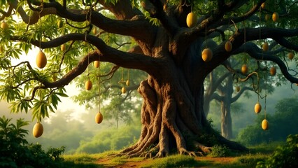 "Large Tropical Mango Tree with Limited Hanging Fruits and Dense Canopy &ndash; 16K Realistic Outdoor Nature Wallpaper with Natural Lighting"