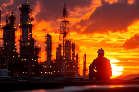 Refinery Worker at Sunset in Petrobras Facility with Industrial Landscape  

