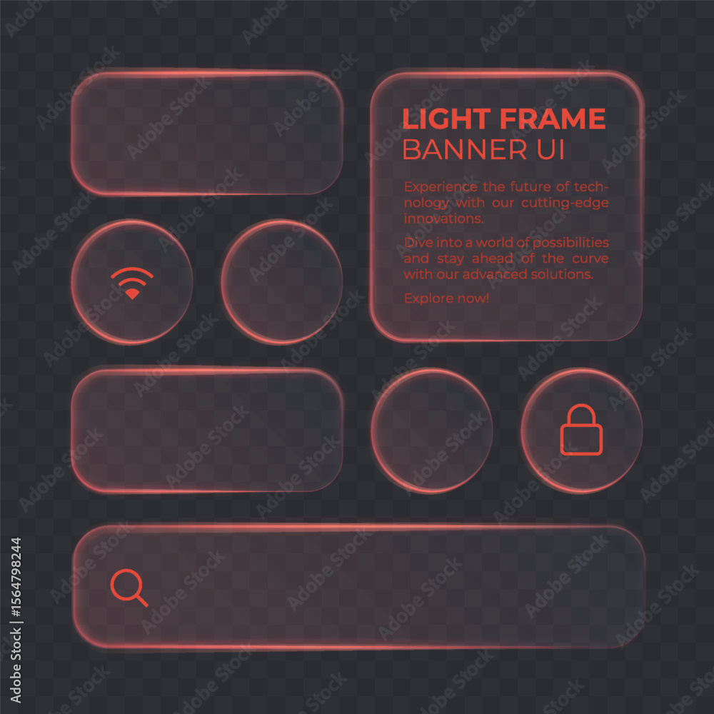 Fototapete liquid glass smartphone icon interface isolated for dark theme. red ui light frame square and circle