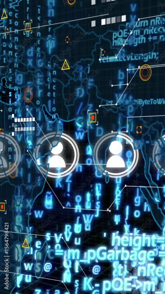 Poster animation of icons over data processing and world map on black background