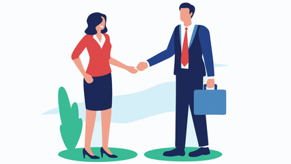Illustration of a businesswoman and businessman shaking hands in a professional setting outdoors