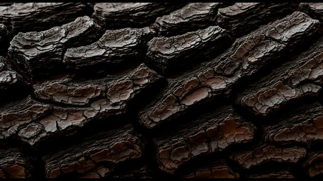 Close up of dark and textured tree bark showing detailed patterns and rough surface in natural light