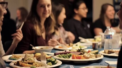 Group of people eating food together at a long table during an evening gathering
