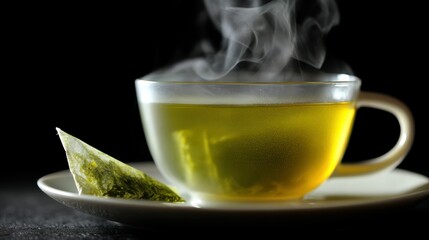Edible tea wrapper dissolving in hot cup with steam