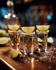 Obraz premium Three Tequila Shots with Lime Wedges and Salt Rim Alcoholic Beverages Cocktails