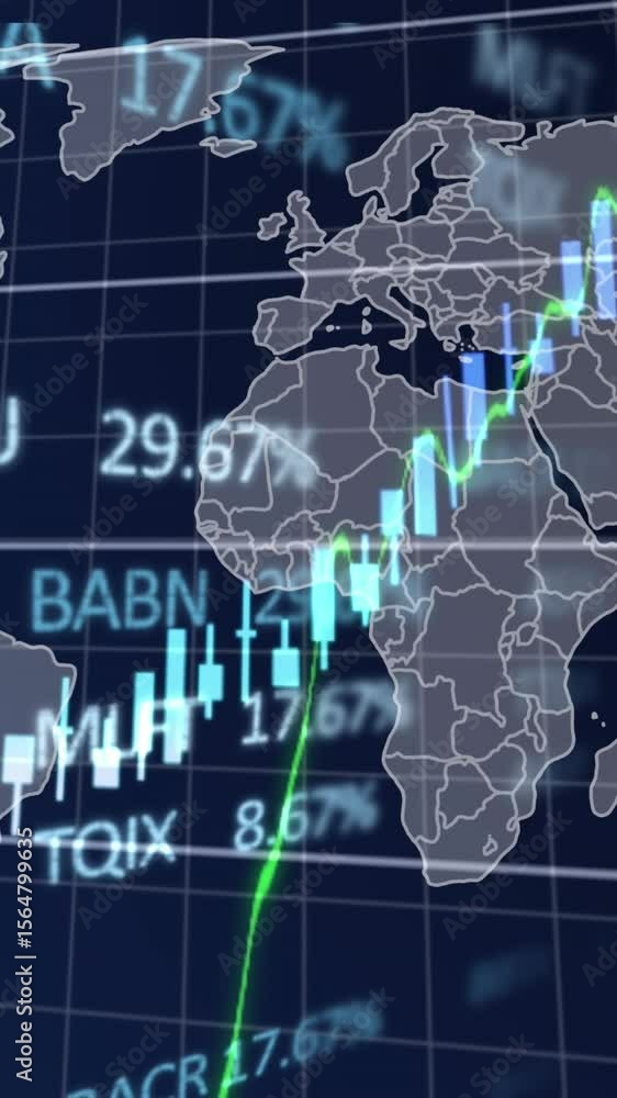 Poster animation of financial data and graph over world map on navy background