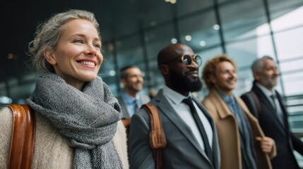Group of diverse professionals on business trip, walking through airport together