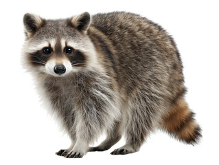 Fototapeta premium A captivating portrait of a raccoon, known for its distinctive bandit-like mask and bushy tail, isolated on a white background