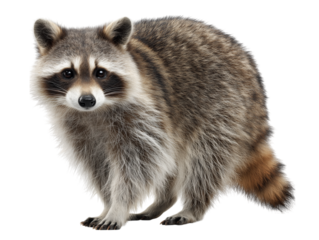 A captivating portrait of a raccoon, known for its distinctive bandit-like mask and bushy tail, isolated on a white background