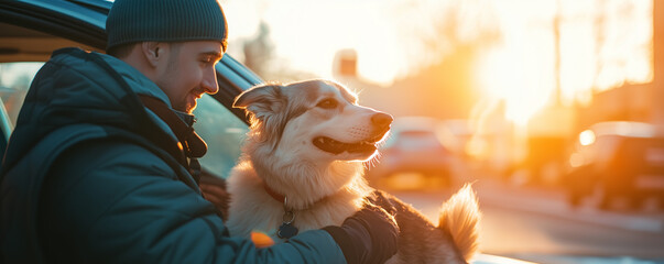 Man assists dog into car for vet visit during sunset in a suburban area