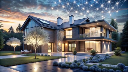 A luxurious modern smart home is illuminated at night, showcasing its sleek architecture and landscape design with integrated smart lighting
