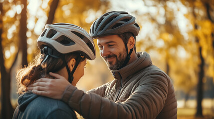 Man helps partner with bike helmet in autumn park while preparing for a ride in warm sunlight
