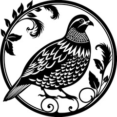 Fototapeta premium Elegant Quail Bird Monochrome Art Deco Style Vintage Illustration Ornate Floral Frame