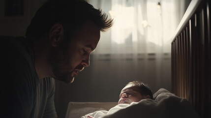 Father lovingly observes his newborn baby sleeping peacefully in a crib during soft morning light