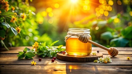 A jar of golden honey sits on a rustic wooden table, surrounded by blooming flowers in a sunlit garden