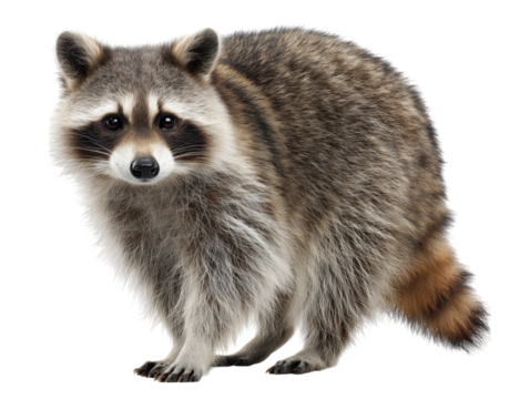 A captivating portrait of a raccoon, known for its distinctive bandit-like mask and bushy tail, isolated on a white background