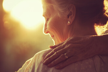 Nurse provides comfort to elderly patient during home visit in warm evening sunlight