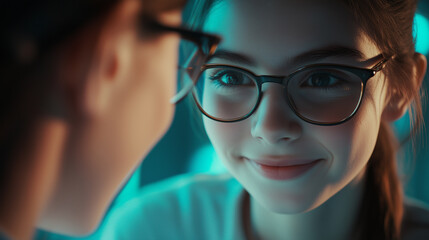Teenage girl joyfully receives her first pair of glasses and admires her reflection with excitement in a bright room