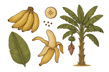 Botanical Illustration: Banana plant, fruit, leaf vector graphic