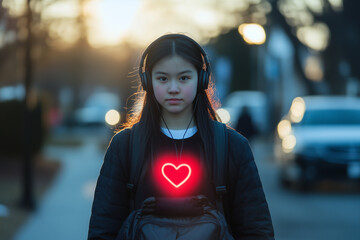 Teenage girl walks home from school while listening to music during golden hour with a heart symbol glowing on her shirt