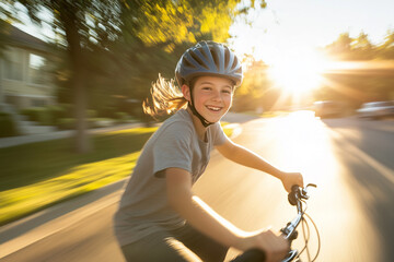 Teenager enjoys biking through a sunny suburban street during late afternoon hours