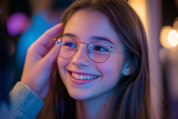 Teenager smiles with joy while getting fitted for new glasses at an optical store in the afternoon