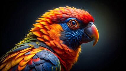 A vibrant portrait of a colorful parrot, showcasing its intricate feathers and bright plumage against a dark background